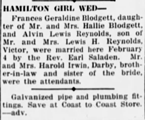 Alvin Lewis Reynolds marries Frances Geraldine Blodgett 12 FEB 1942